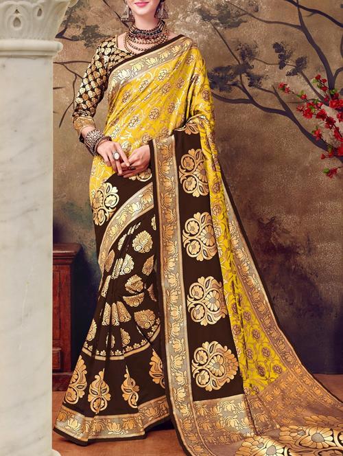brown and yellow woven saree with blouse - 14542983 - Very Small Image - 1