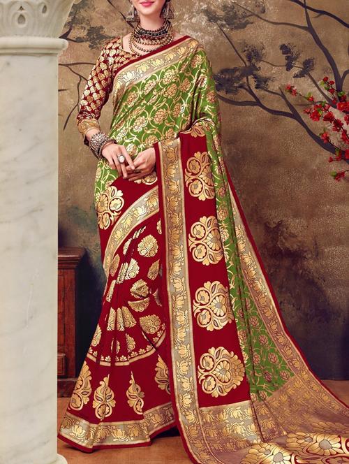 red and green woven saree with blouse - 14542986 - Very Small Image - 1