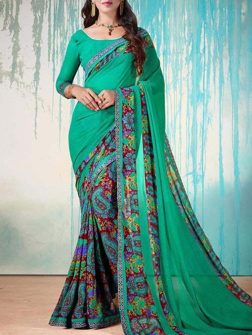 green georgette printed saree with blouse - 14542988 - Very Small Image - 1