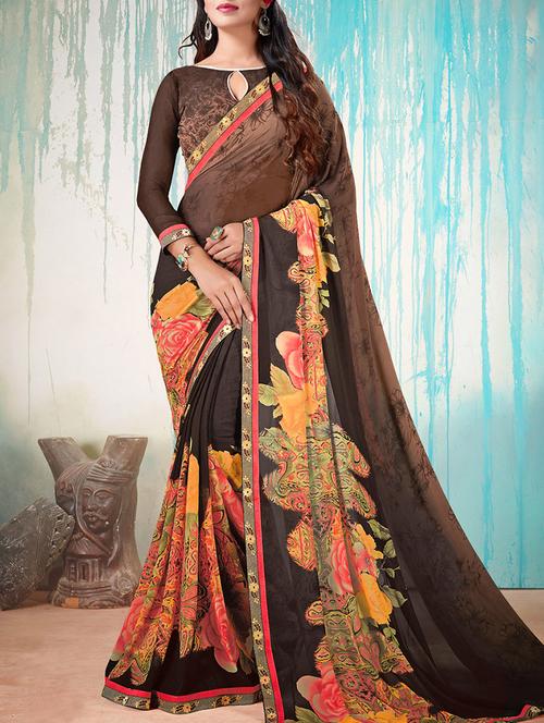 brown georgette printed saree with blouse - 14542995 - Very Small Image - 1