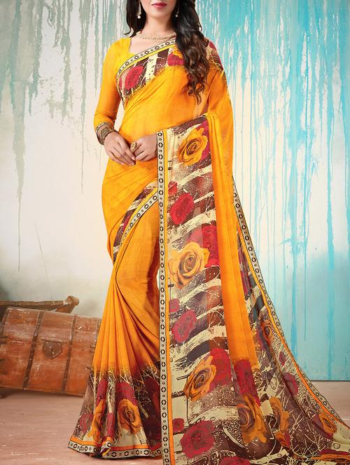 orange georgette printed saree with blouse - 14542996 - Very Small Image - 1