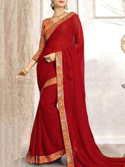 red bordered saree with blouse - 14543006 - Very Small Image - 1