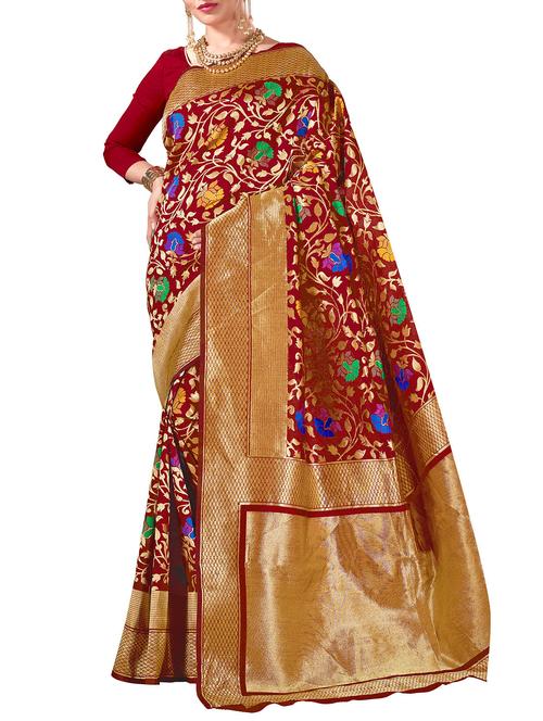 red cotton silk woven saree with blouse - 14543028 - Very Small Image - 1