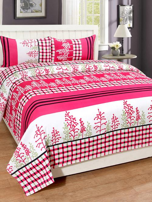 Check Print Polycotton Double Bed Sheet With Two Pillow Covers - 14543099 - Very Small Image - 1