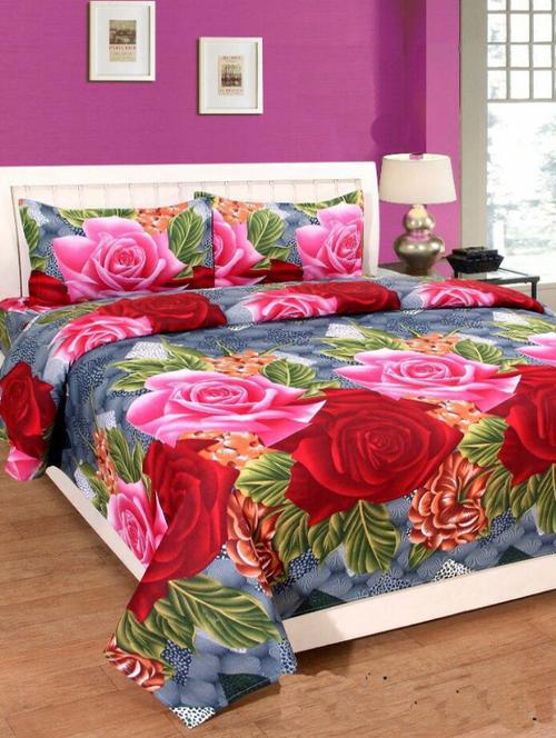 Floral Print Polycotton Double Bed Sheet With Two Pillow Covers - 14543101 - Very Small Image - 1