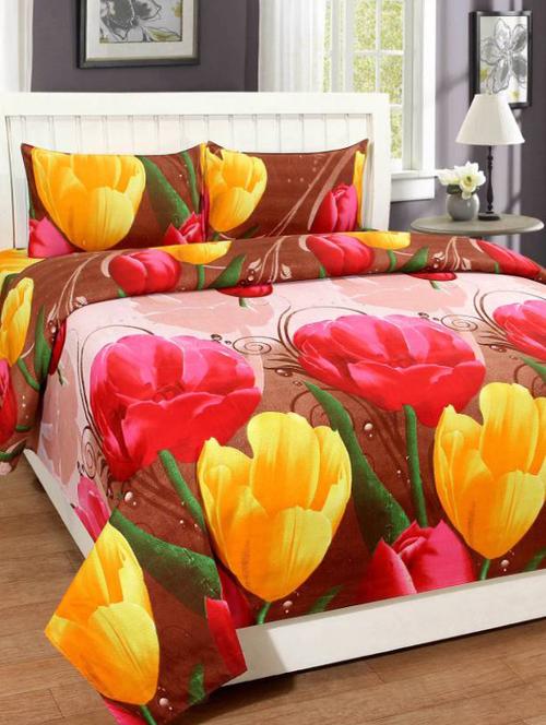 Floral Print Polycotton Double Bed Sheet With Two Pillow Covers - 14543107 - Very Small Image - 1
