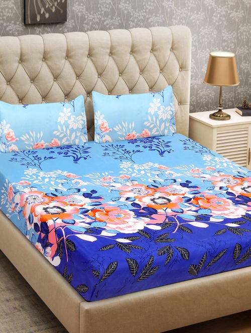 Floral Print Polycotton Double Bed Sheet With Two Pillow Covers - 14543110 - Very Small Image - 1