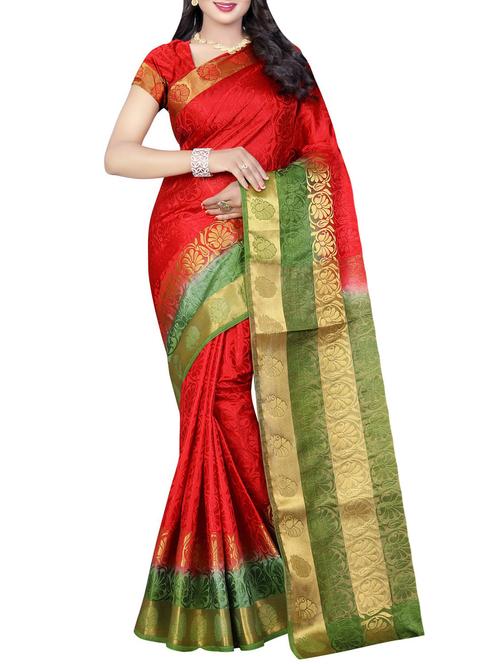 Red tussar silk saree with blouse - 14543363 - Very Small Image - 1