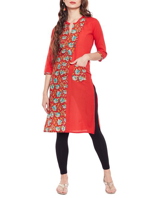 red cotton straight kurta with pocket - 14543630 - Very Small Image - 1