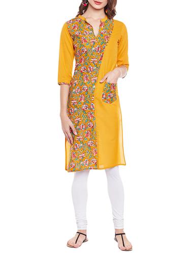 Yellow cotton straight kurta with pocket - 14543631 - Very Small Image - 1