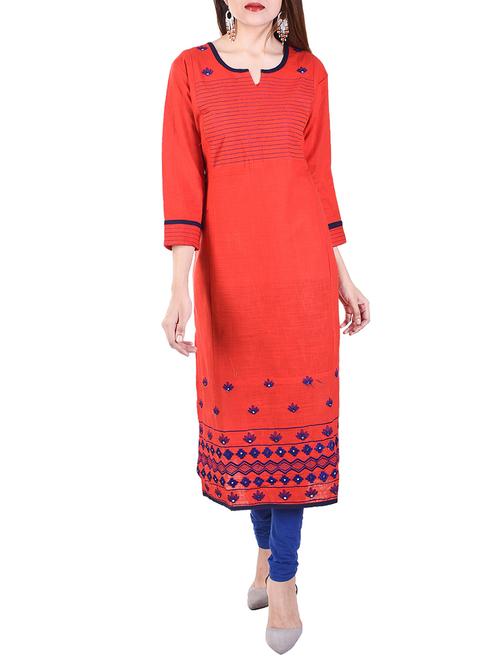 red cotton straight kurta - 14543665 - Very Small Image - 1