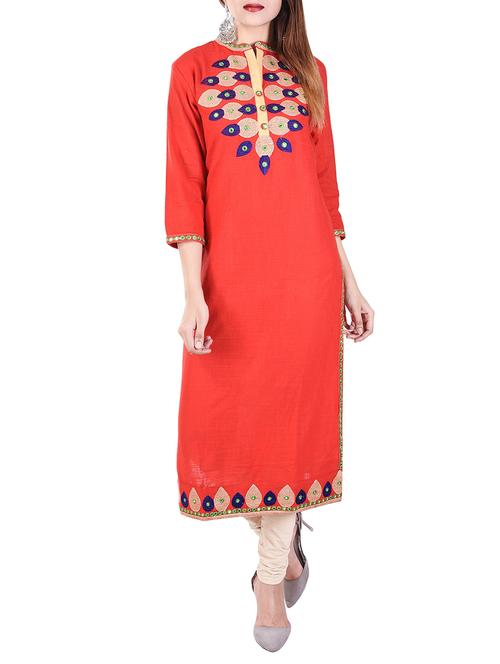 Red cotton straight kurta - 14543689 - Very Small Image - 1