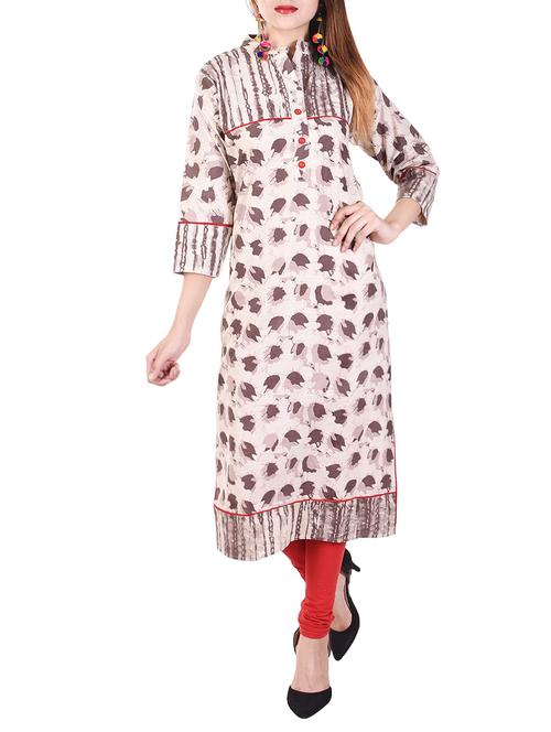 Beige cotton straight kurta - 14543702 - Very Small Image - 1