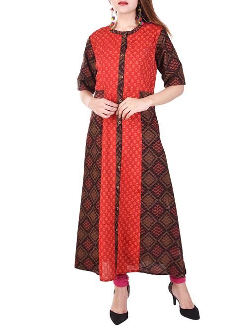 Orange and brown cotton a-line kurta - 14543707 - Very Small Image - 1