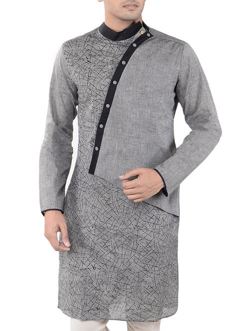 grey cotton long kurta - 14543995 - Standard Image - 1