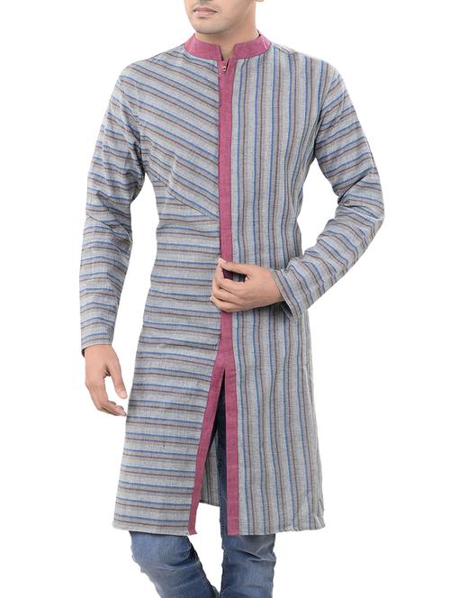 grey khadi cotton long kurta - 14543999 - Standard Image - 1