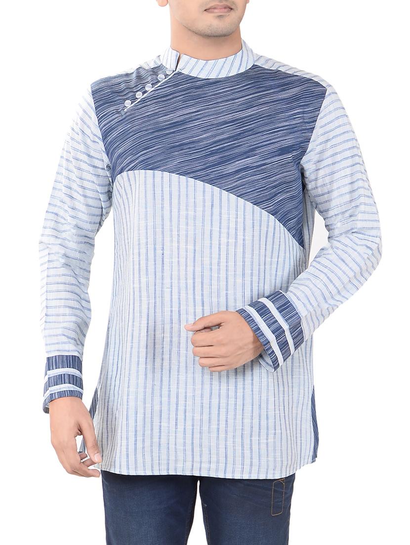 light blue khadi short kurta - 14544013 - Zoom Image - 1