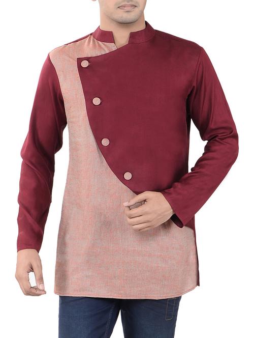 maroon viscose short kurta - 14544016 - Standard Image - 1