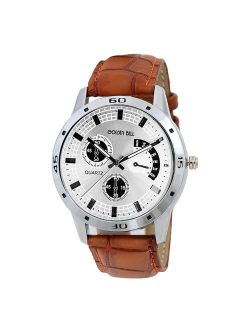 Golden Bell Original Silver Dial Brown Leather Strap Analog Wrist Watch for Men - GB-528 - 14544092 - Very Small Image - 1