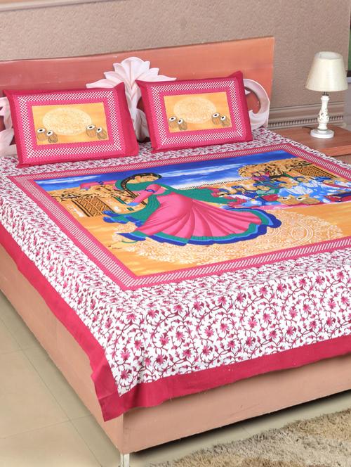 Rajasthani Printed Cotton Double Bed Sheet With 2 Pillow Covers - 14544125 - Very Small Image - 1
