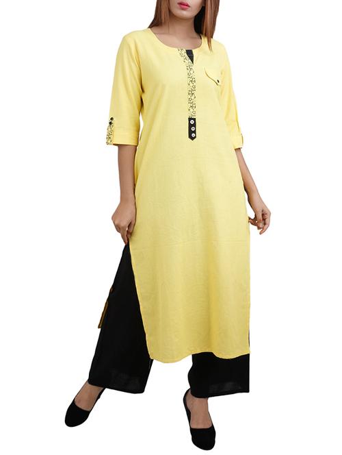 yellow cotton straight kurta - 14544250 - Standard Image - 1