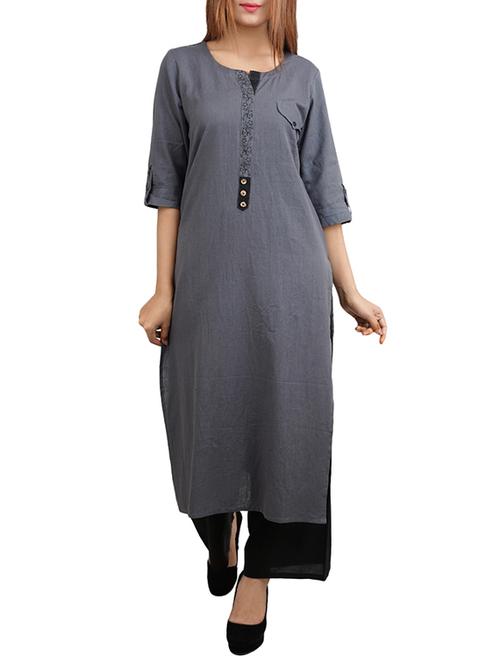grey cotton straight kurta - 14544251 - Very Small Image - 1