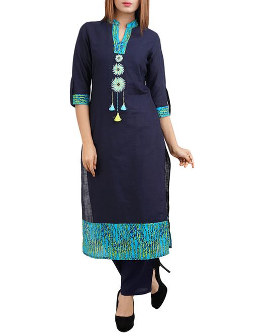 blue cotton straight kurta - 14544256 - Standard Image - 1