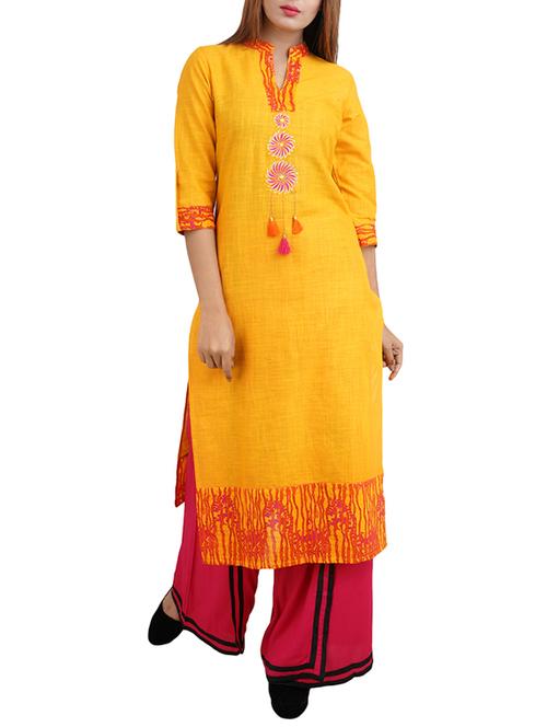 yellow cotton straight kurta - 14544258 - Standard Image - 1