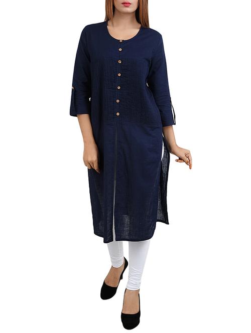 blue cotton high slit kurta - 14544260 - Standard Image - 1