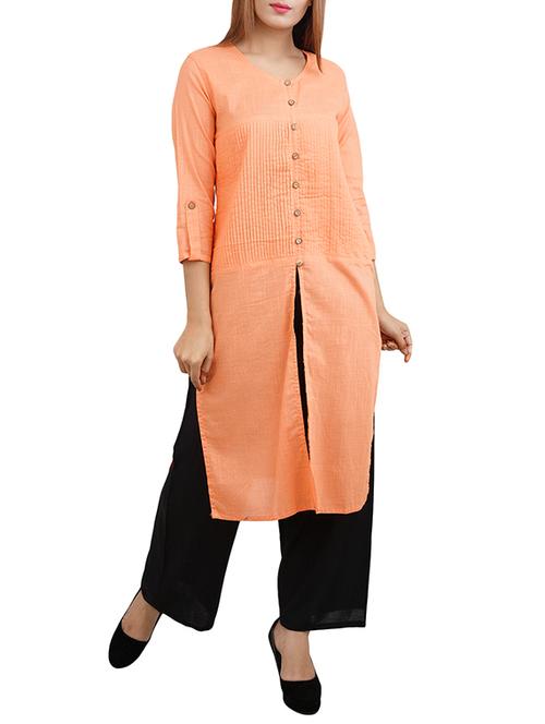 peach cotton high slit kurta - 14544263 - Standard Image - 1