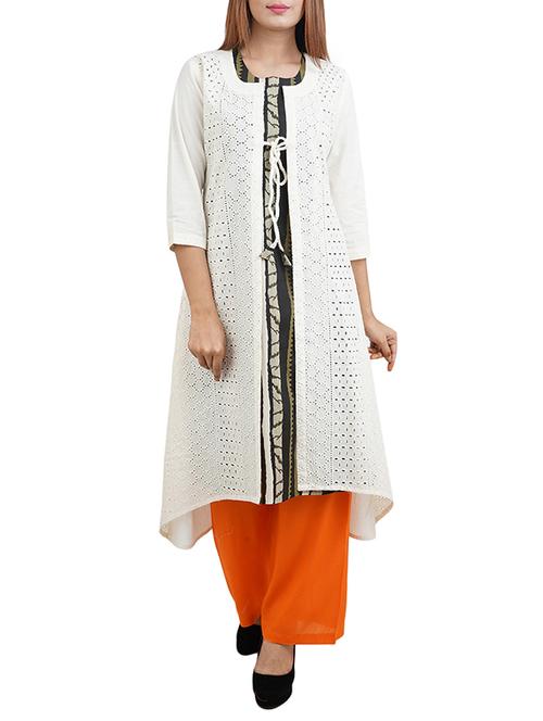 white cotton high-low kurta - 14544273 - Standard Image - 1