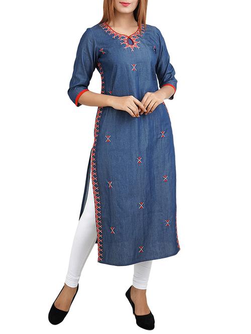 blue cotton straight kurta - 14544364 - Standard Image - 1