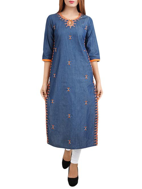 blue cotton straight kurta - 14544365 - Standard Image - 1