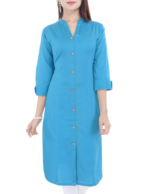 Blue cotton straight kurta - 14544506 - Standard Image - 1
