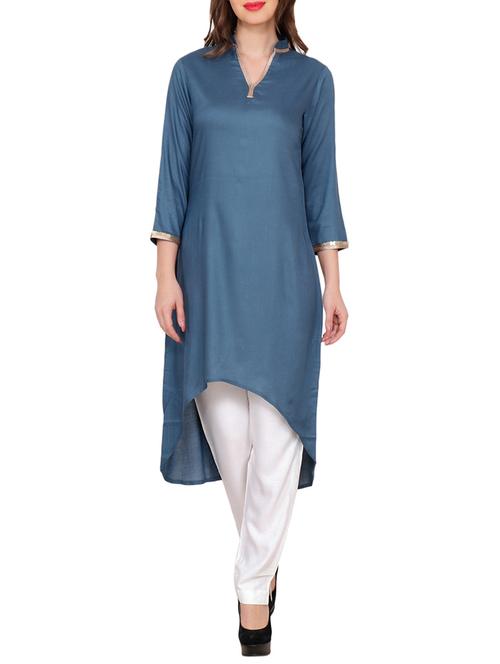 turquoise rayon high low kurta - 14544728 - Very Small Image - 1