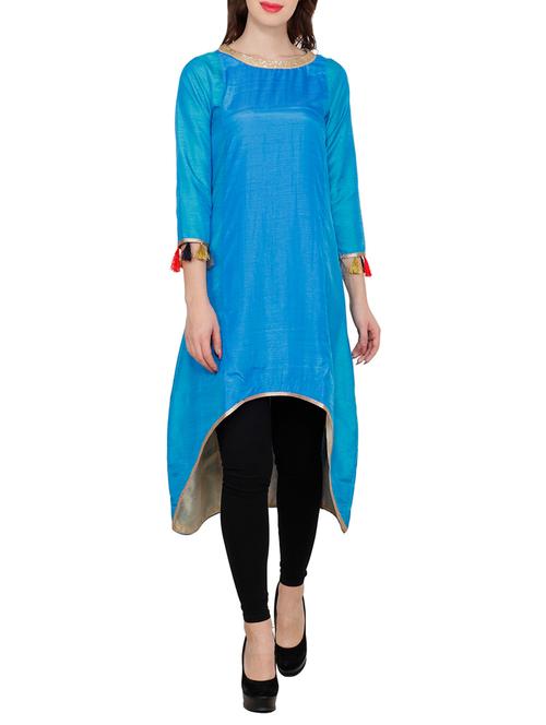 Blue silk high-low kurta - 14544738 - Very Small Image - 1
