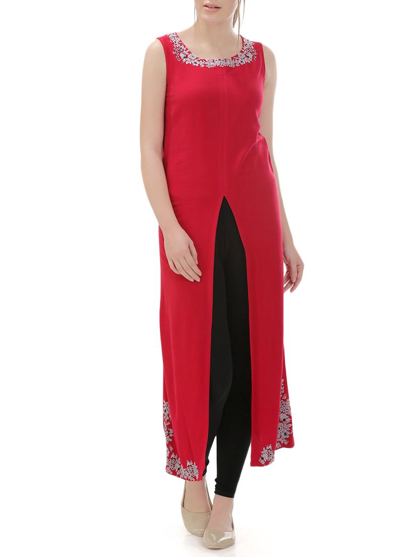 red rayon high slit kurta - 14545442 - Zoom Image - 1