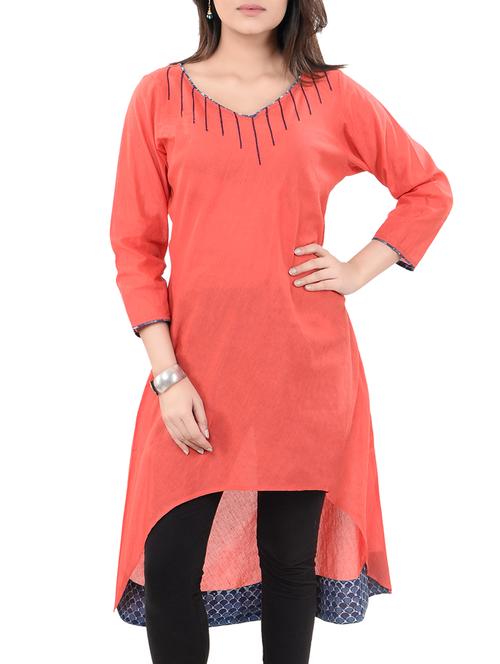 peach cotton highlow kurta - 14545621 - Very Small Image - 1
