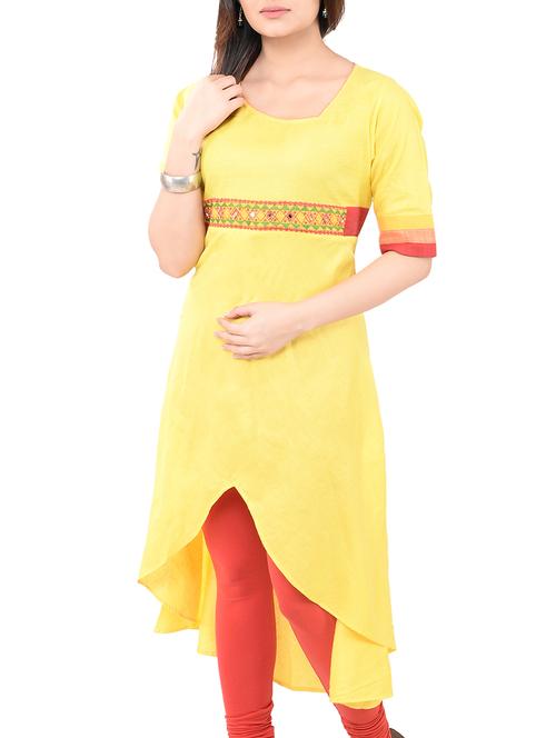 yellow cotton highlow kurta - 14545636 - Very Small Image - 1