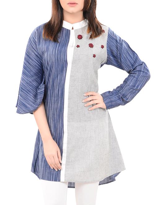 blue cotton a-line kurta - 14545651 - Very Small Image - 1
