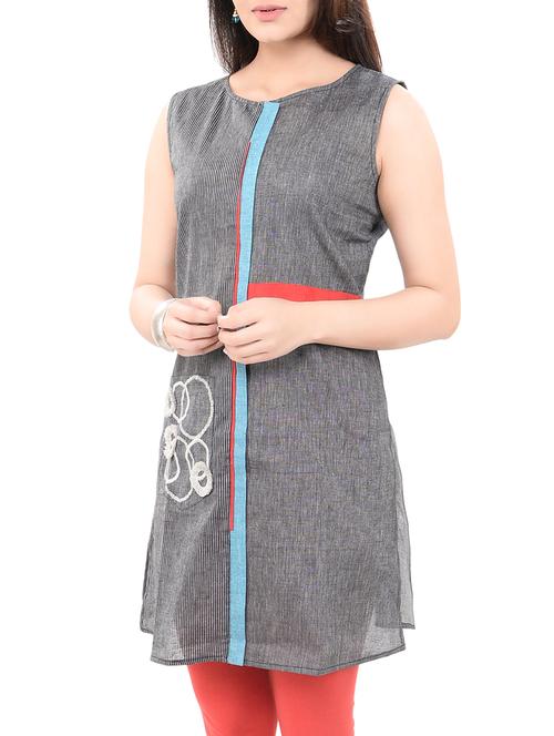 grey cotton straight kurta - 14545656 - Standard Image - 1