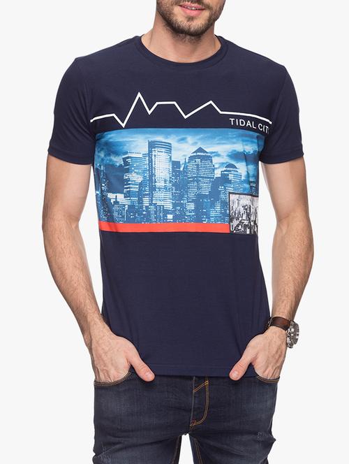 navy blue cotton chest print t-shirt - 14545822 - Very Small Image - 1