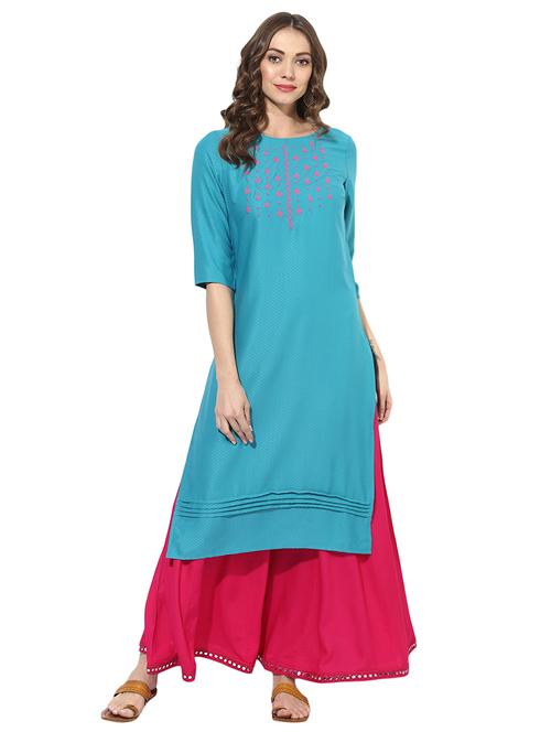 turquoise crepe straight kurta - 14545947 - Very Small Image - 1