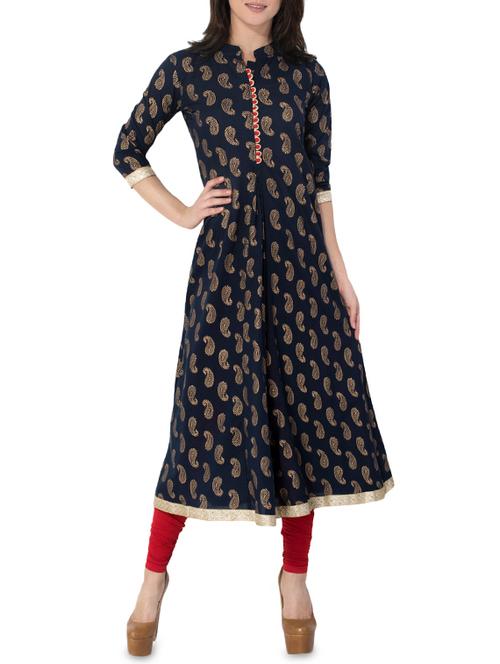 blue cotton flared kurta - 14546402 - Very Small Image - 1