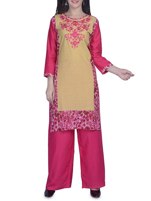 pink & beige cotton straight kurta - 14546557 - Very Small Image - 1