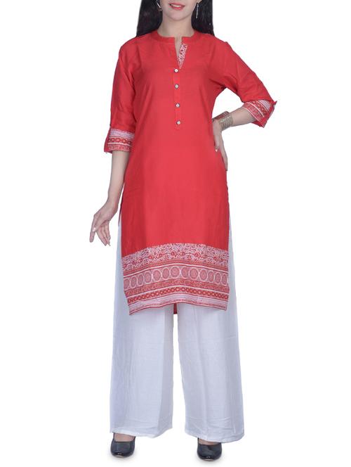 red cotton straight kurta - 14546561 - Very Small Image - 1