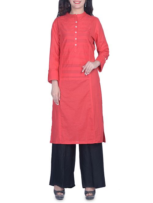 red cotton straight kurta - 14546569 - Very Small Image - 1
