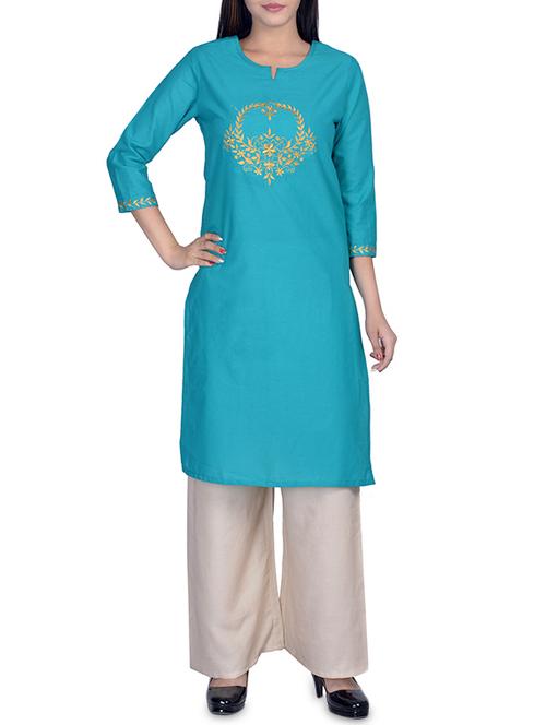turquoise cotton straight kurta - 14546606 - Very Small Image - 1