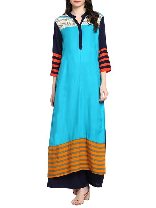 turquoise rayon straight kurta - 14547290 - Very Small Image - 1