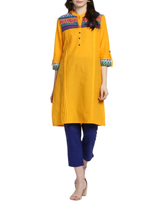 yellow cotton straight kurta - 14547292 - Very Small Image - 1